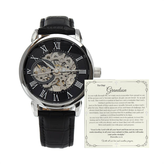 Meaningful Christian Gift for Grandson from Grandparents: Luxury Men's Openwork Watch | Leather Strap & Automatic Movement