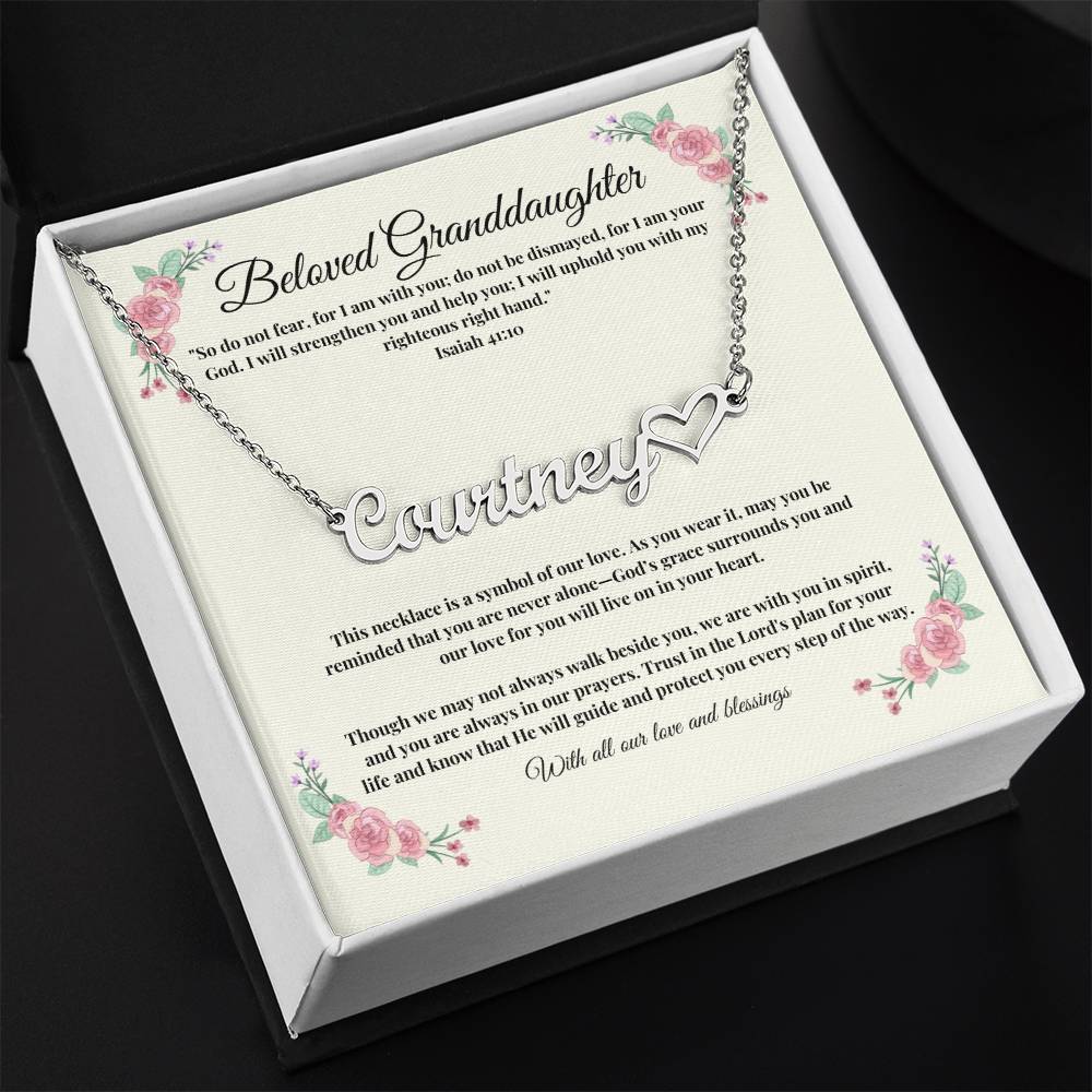 Personalized Heart Name Necklace for Granddaughter - Christian Jewelry Gift with Scripture, Custom Name Necklace from Grandparents, Faith-Inspired Gift with Isaiah 41:10