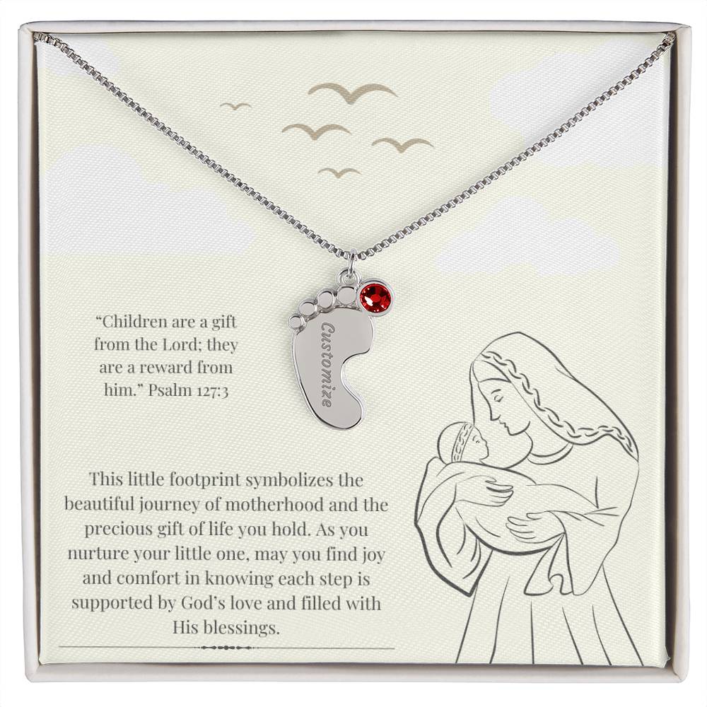 Custom Baby Feet Necklace with Birthstone for New Mothers | Personalized Christian Gift | Engraved Foot Pendant in Stainless Steel or 18K Gold