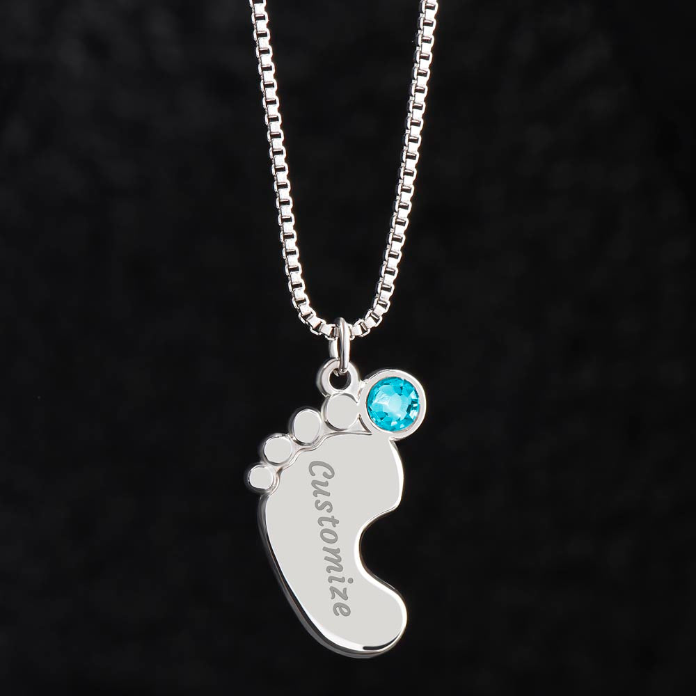 Custom Baby Feet Necklace with Birthstone for New Mothers | Personalized Christian Gift | Engraved Foot Pendant in Stainless Steel or 18K Gold