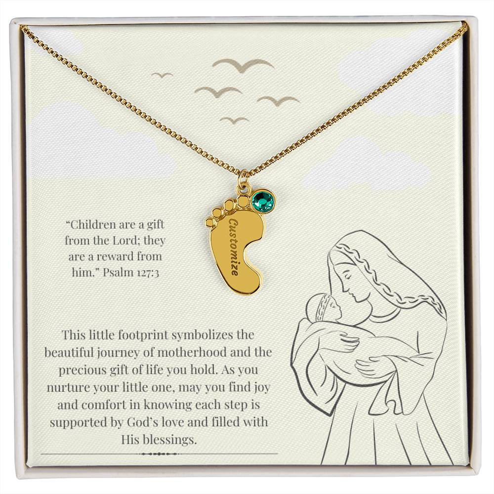 Custom Baby Feet Necklace with Birthstone for New Mothers | Personalized Christian Gift | Engraved Foot Pendant in Stainless Steel or 18K Gold