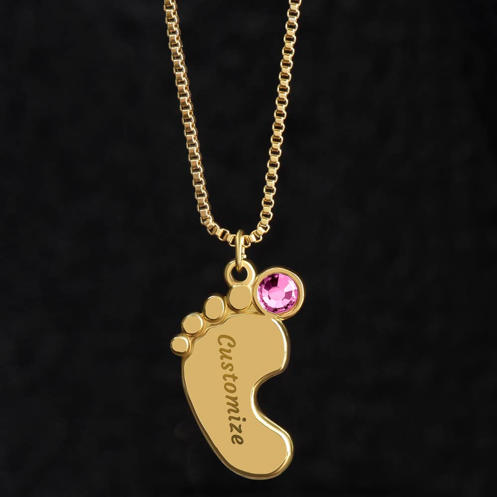 Custom Baby Feet Necklace with Birthstone for New Mothers | Personalized Christian Gift | Engraved Foot Pendant in Stainless Steel or 18K Gold