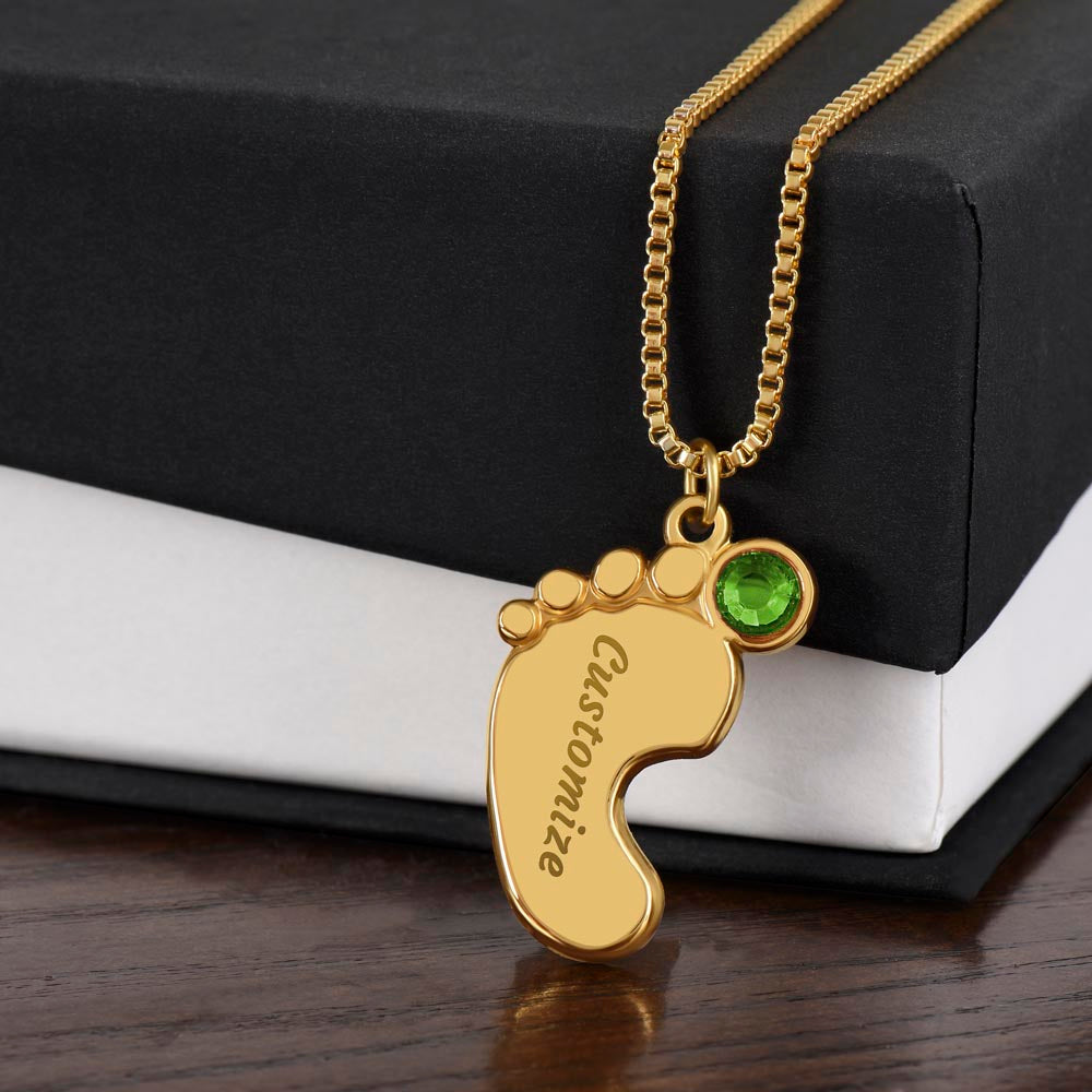 Custom Baby Feet Necklace with Birthstone for New Mothers | Personalized Christian Gift | Engraved Foot Pendant in Stainless Steel or 18K Gold