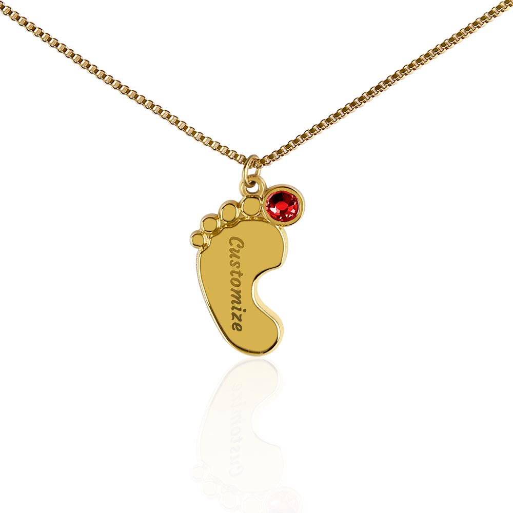 Custom Baby Feet Necklace with Birthstone for New Mothers | Personalized Christian Gift | Engraved Foot Pendant in Stainless Steel or 18K Gold