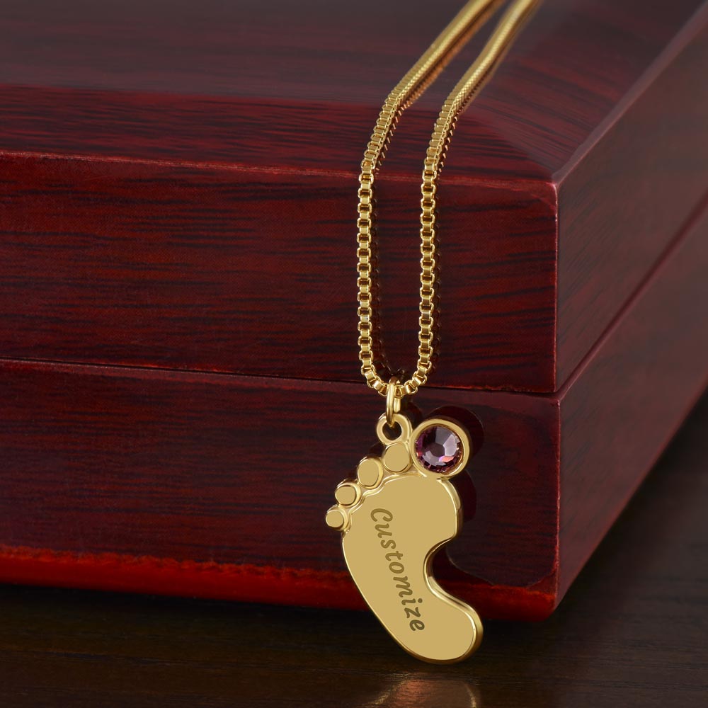 Custom Baby Feet Necklace with Birthstone for New Mothers | Personalized Christian Gift | Engraved Foot Pendant in Stainless Steel or 18K Gold