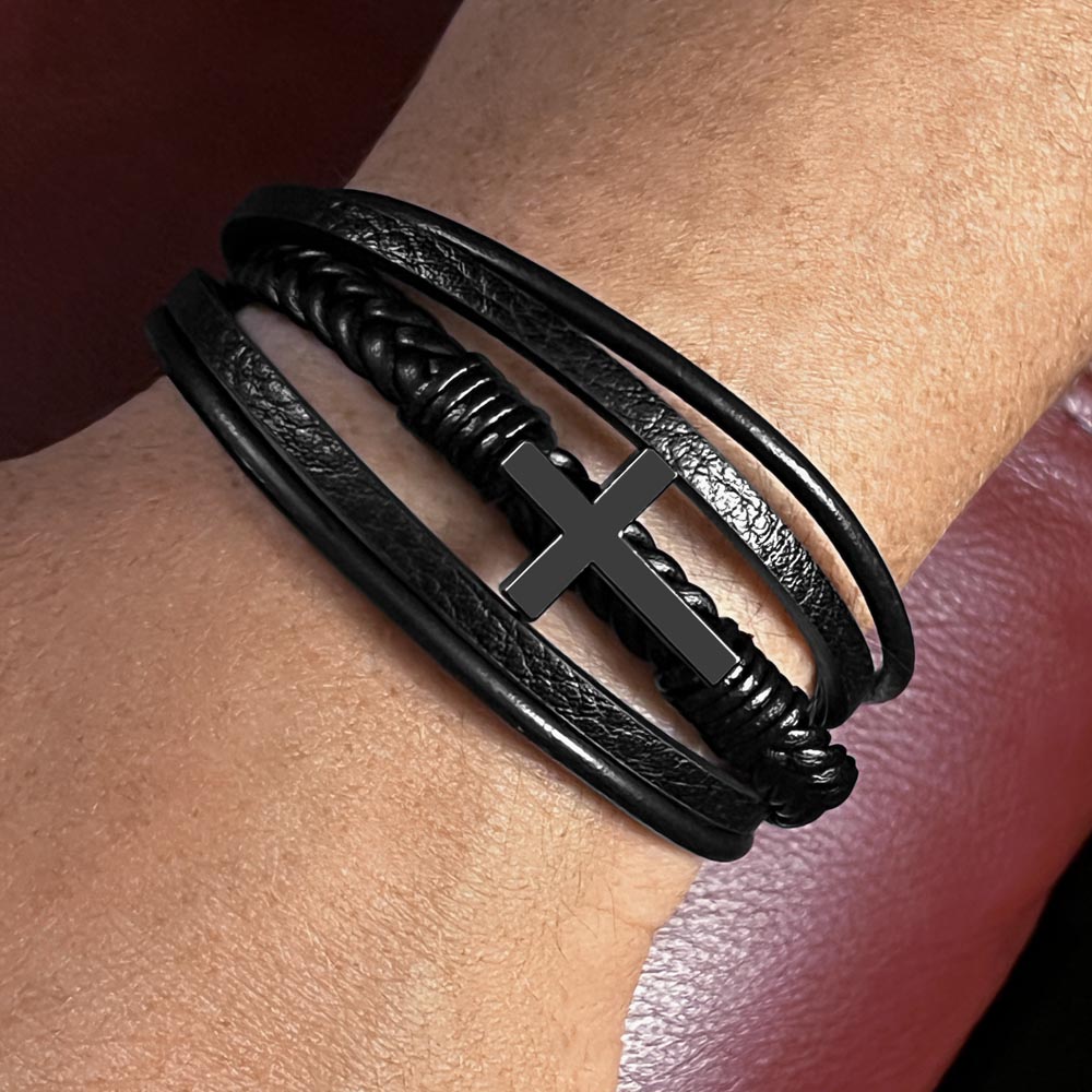 Men's Cross Leather Bracelet – Christian Jewelry for Sons, Braided Vegan Leather with Stainless Steel Cross, Faith & Strength Gift for Son, Spiritual Gift for Birthday, Graduation, or Special Occasion