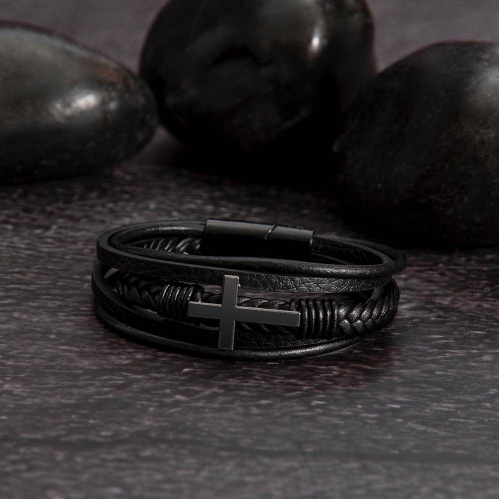 Men's Cross Leather Bracelet – Christian Jewelry for Sons, Braided Vegan Leather with Stainless Steel Cross, Faith & Strength Gift for Son, Spiritual Gift for Birthday, Graduation, or Special Occasion