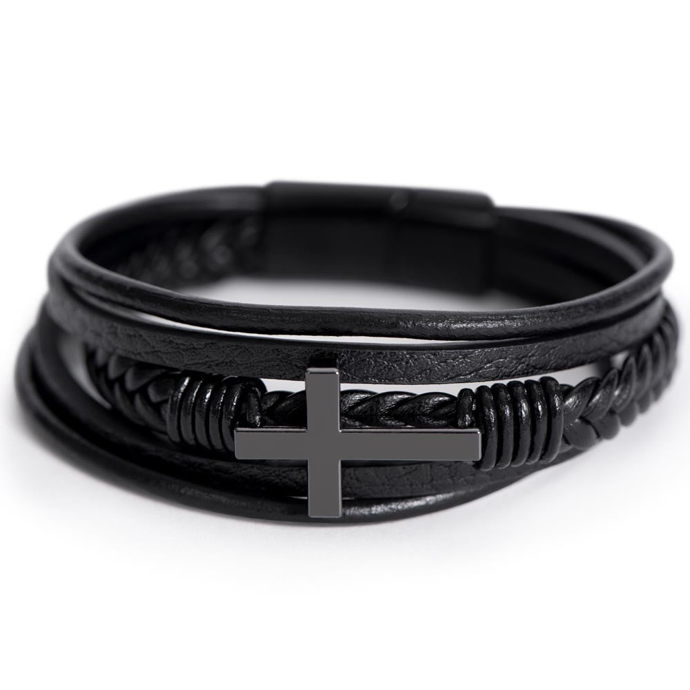 Men's Cross Leather Bracelet – Christian Jewelry for Sons, Braided Vegan Leather with Stainless Steel Cross, Faith & Strength Gift for Son, Spiritual Gift for Birthday, Graduation, or Special Occasion